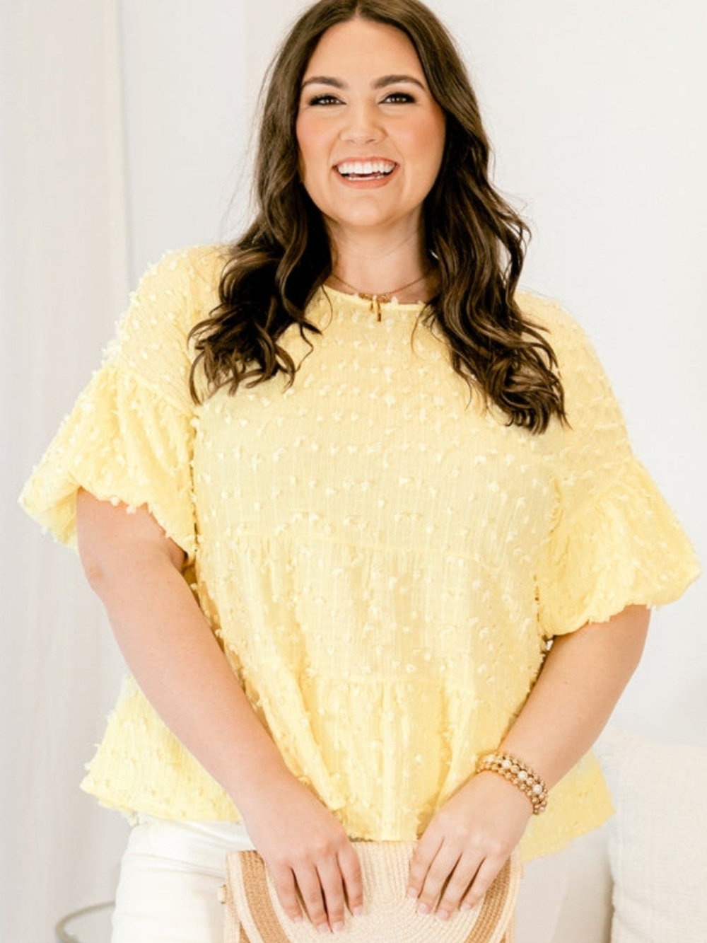 Yellow Textured Flutter-Sleeve Women’s Top